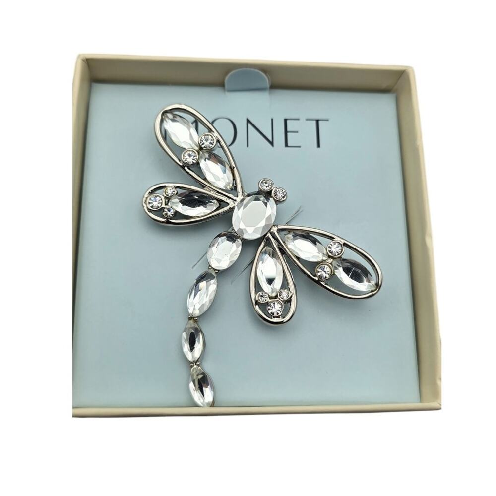 Monet Dragonfly Brooch Crystal Silver Tone Vintage NWT Boxed Gift Jewelry